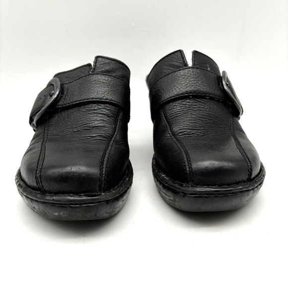 BOC Born On Concept Black Leather Gunmetal Buckle Block Heel Platform Clogs 7 - Picture 7 of 16